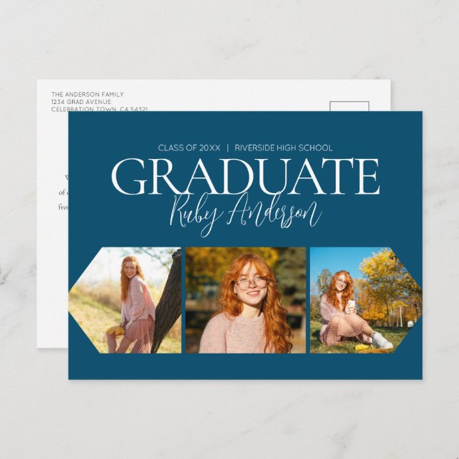 Simple 3 Photo Blue Graduation Announcement Postcard (Front/Back)