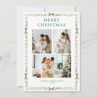 Simple 3 photo Christmas Floral Holiday Card