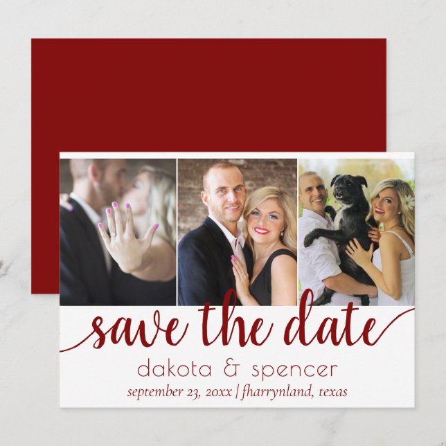 Simple 3 Photo - Classic Crimson Red Wedding Save The Date (Front/Back)