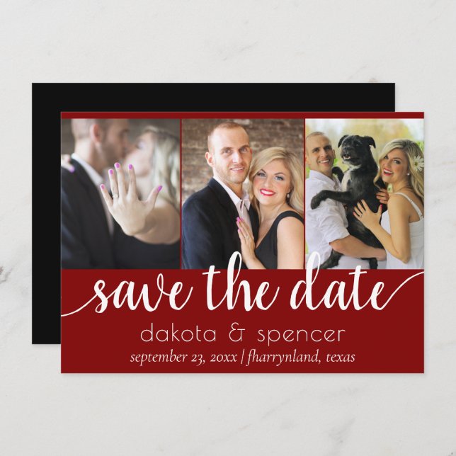 Simple 3 Photo | Classic Dark Red White and Black Save The Date (Front/Back)