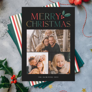 Simple 3 Photo Collage Colourful Merry Christmas Holiday Card