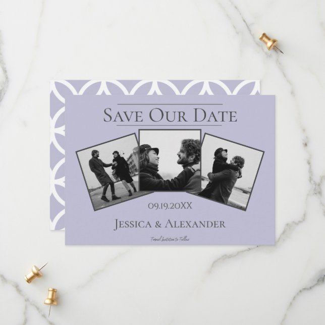 Simple 3 Photo Collage | Lavender Save The Date (Front/Back In Situ)