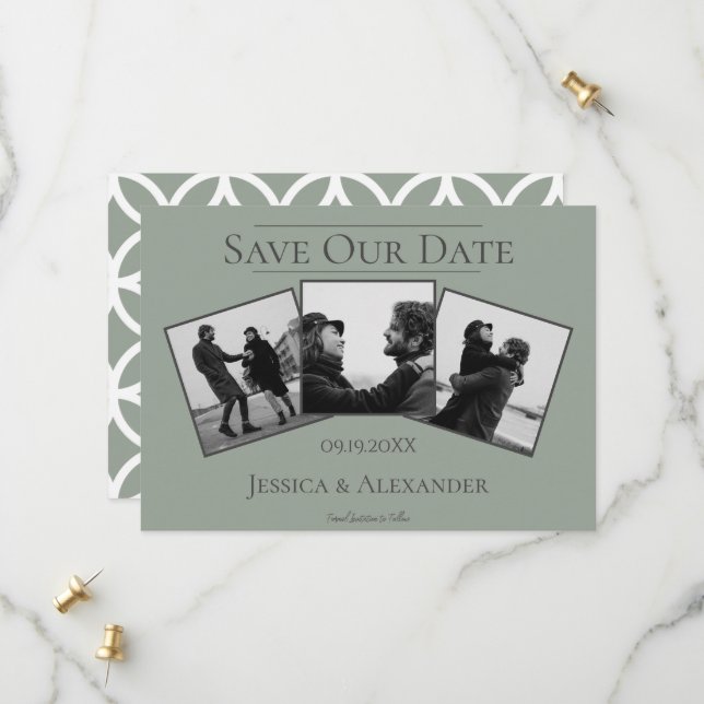 Simple 3 Photo Collage | Sage Green Save The Date (Front/Back In Situ)