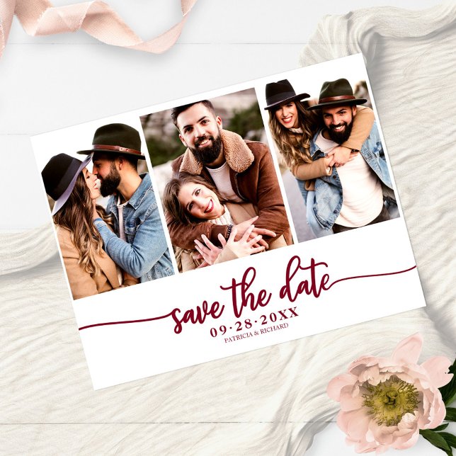 Simple 3 Photo Collage Wedding Save The Date Postcard (Creator Uploaded)