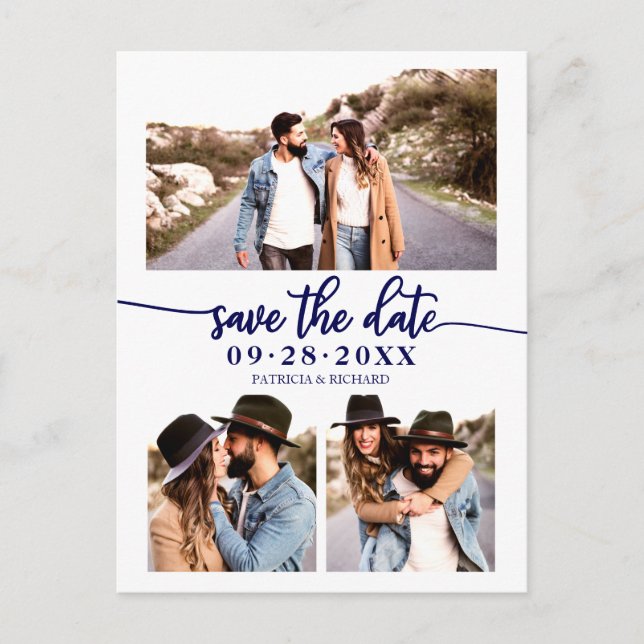 Simple 3 Photo Collage Wedding Save The Date Postcard (Front)