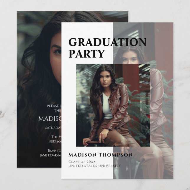 Simple 3 Photo Overlay Elegant Graduation Party Invitation (Front/Back)