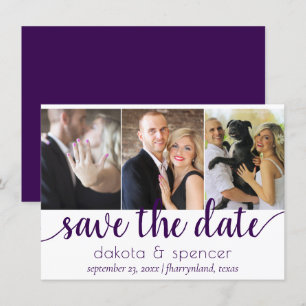 Simple 3-Photo   Royal Purple Flourish Script Save The Date