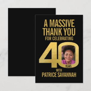 Simple 40th birthday photo black and gold thank you card