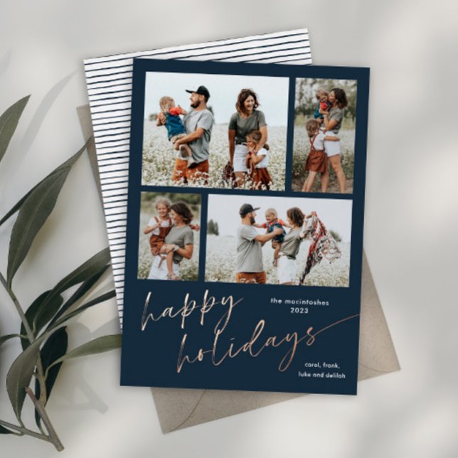 Simple 4 Photo Collage Script Happy Holidays Foil Holiday Card (A modern simple script 4 photo collage rose gold foil holiday card with handwritten happy holidays.)
