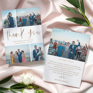 Simple 4 Photo Gold Calligraphy Thank you Wedding Card