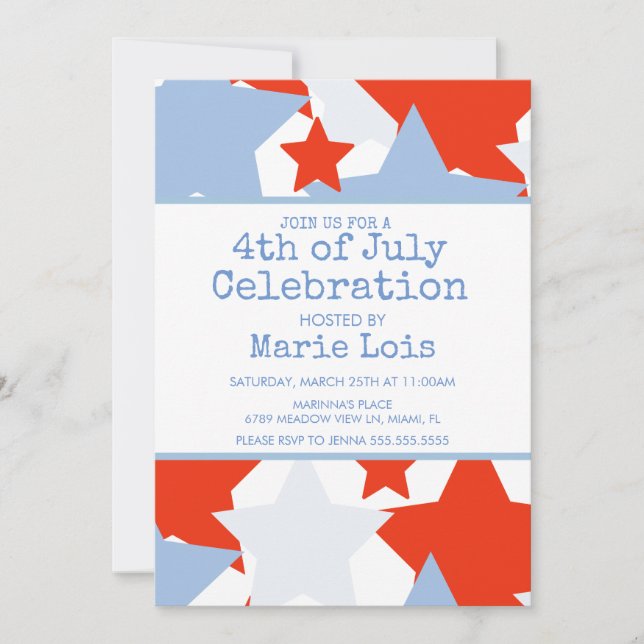 SImple 4th of July Large Stars Red Blue Invitation (Front)