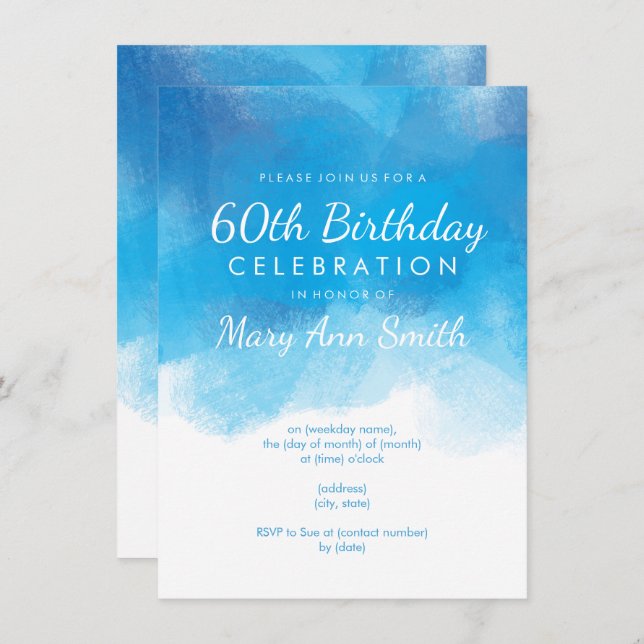 Simple 60th Birthday Party Blue Watercolor Invitation (Front/Back)