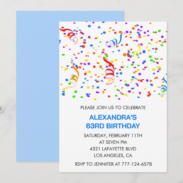 Simple 63rd birthday invitations Confetti Rainbow (Front/Back)