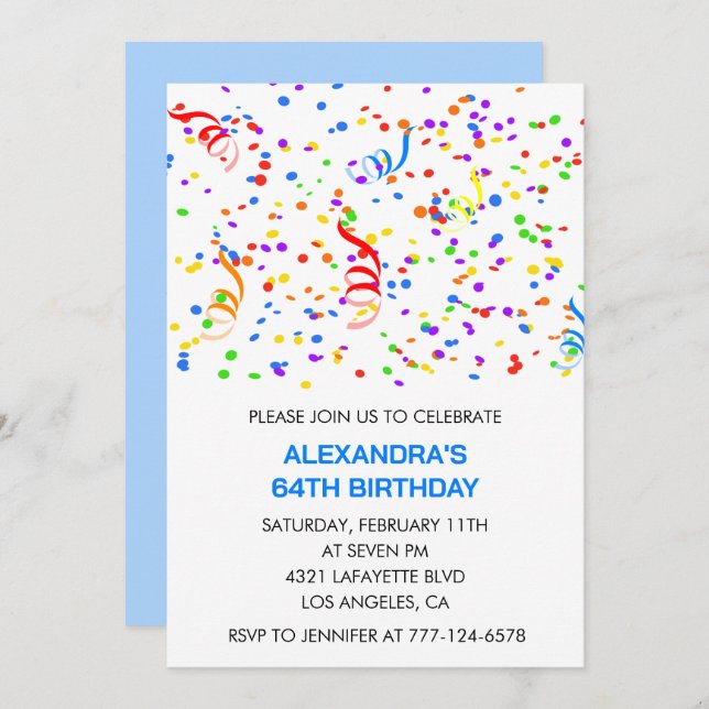 Simple 64th birthday invitations Confetti Rainbow (Front/Back)
