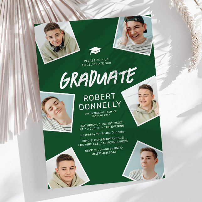 Simple 6 Photo Green Graduation Party Invitations (Creator Uploaded)