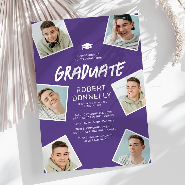 Simple 6 Photo Purple Graduation Party Invitations (Creator Uploaded)