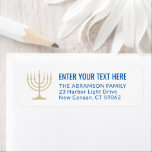 Simple 7 Candle Menorah Gold & Blue Return Address<br><div class="desc">Add the perfect finishing touch to cards, invitations, and other correspondence with these elegant white, gold, and blue return address labels. The gold is non-metallic printed colour, not foil. All text can easily be customized with any greeting, name, and address. Design features a simple seven candle menorah with lit candles...</div>