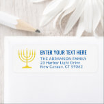 Simple 7 Candle Menorah Gold & Blue Return Address<br><div class="desc">Add the perfect finishing touch to cards, invitations, and other correspondence with these elegant white, gold, and blue return address labels. The gold is non-metallic printed colour, not foil. All text can easily be customized with any greeting, name, and address. Design features a simple seven candle menorah with lit candles...</div>