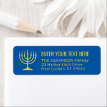 Simple 7 Candle Menorah Gold & Blue Return Address<br><div class="desc">Add the perfect finishing touch to cards, invitations, and other correspondence with these elegant blue and gold return address labels. The gold is non-metallic printed colour, not foil. All text can easily be customized with any greeting, name, and address. Design features a simple seven candle menorah with lit candles and...</div>