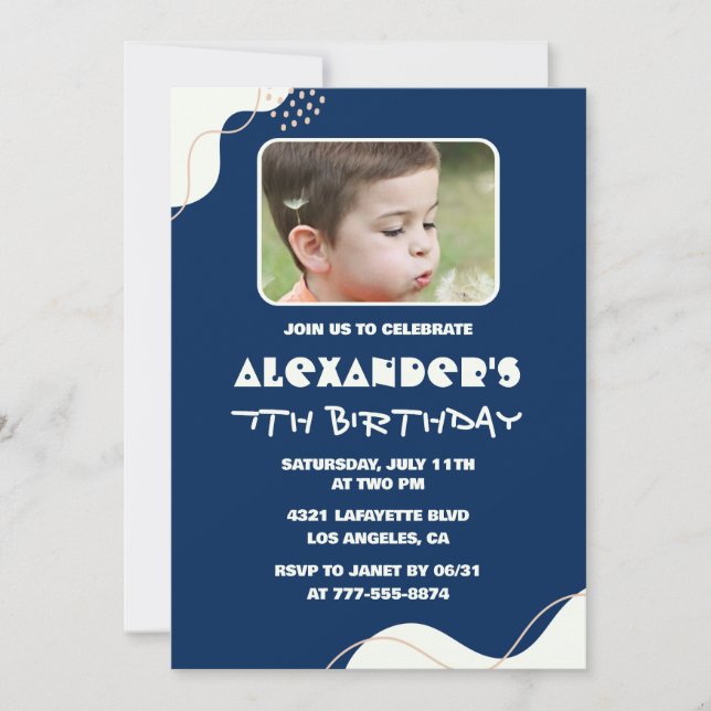 Simple 7th birthday invitations Boy Photo Navy (Front)