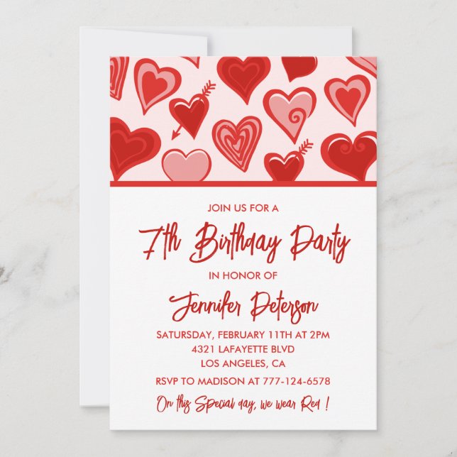 Simple 7th birthday invitations for her Hearts (Front)