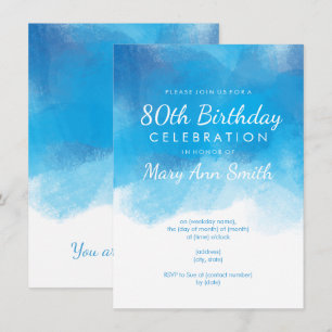Simple 80th Birthday Party Blue Watercolor Invitation