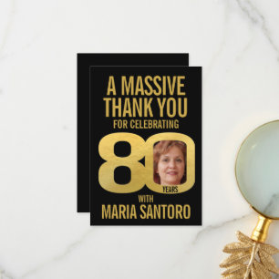 Simple 80th birthday photo black and gold  thank you card