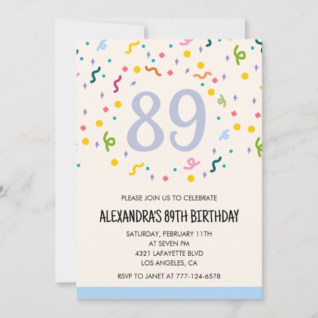 Simple 89th birthday invitations Confetti Modern   (Front)
