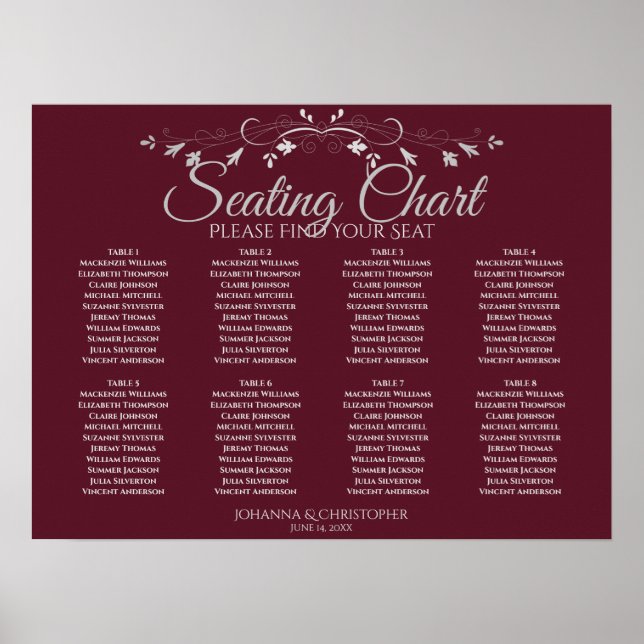 Simple 8 Table Burgundy Wedding Seating Chart (Front)