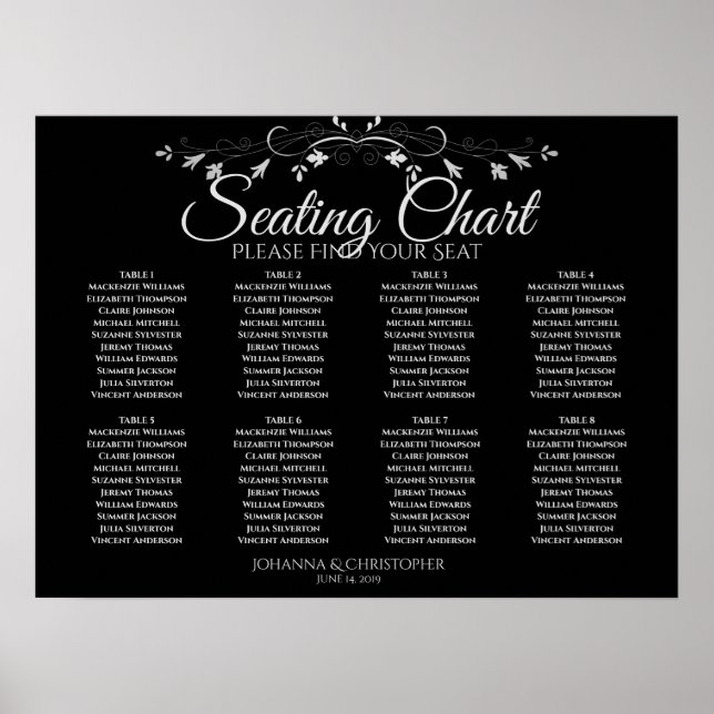 Simple 8 Table Grey on Black Wedding Seating Chart (Front)