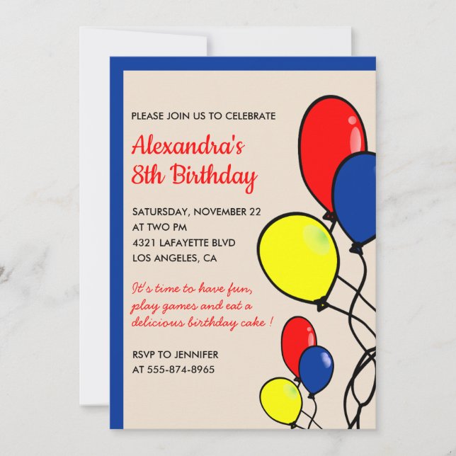 Simple 8th birthday invitations Balloons (Front)