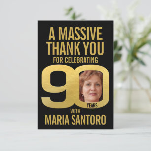 Simple 90th birthday photo black and gold  thank you card