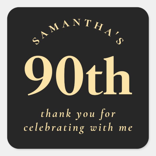 Simple 90th Party Black and Gold Thank You Square Sticker (Front)