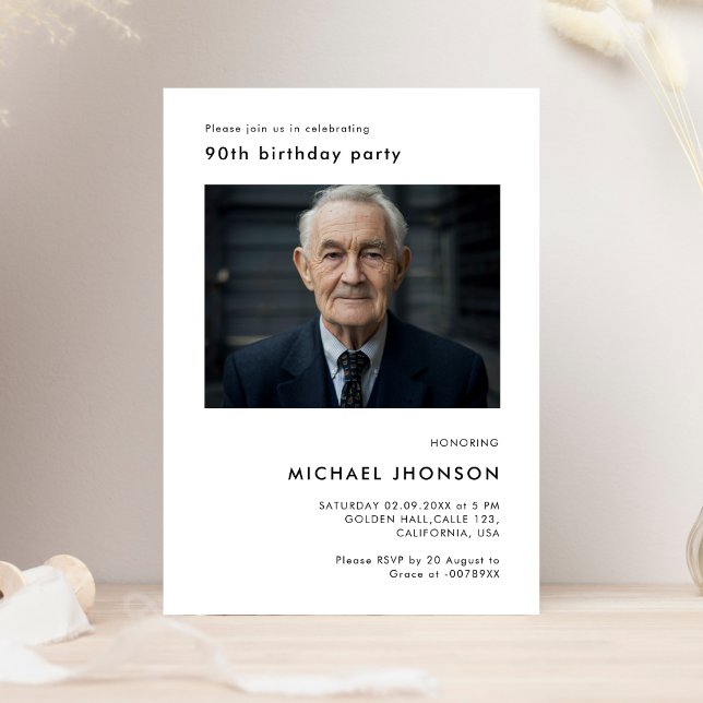  Simple 90th Photo Birthday Black & White Party Invitation (Creator Uploaded)