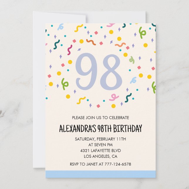 Simple 98th birthday invitations Confetti Modern   (Front)