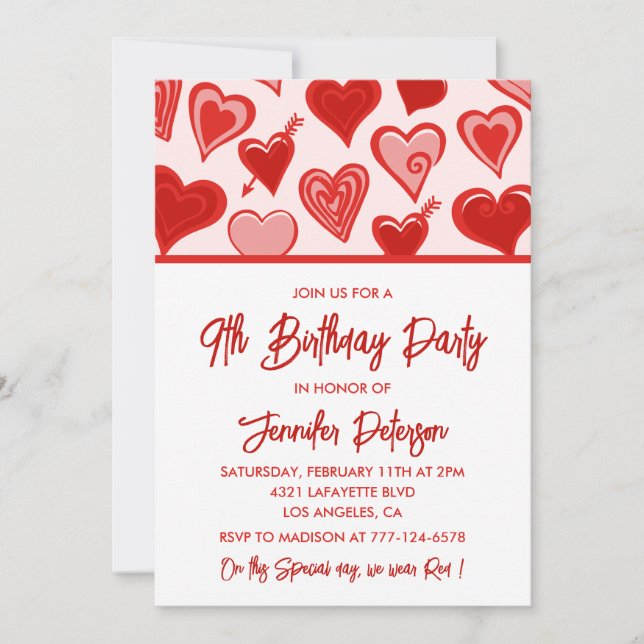 Simple 9th birthday invitations for her Hearts (Front)