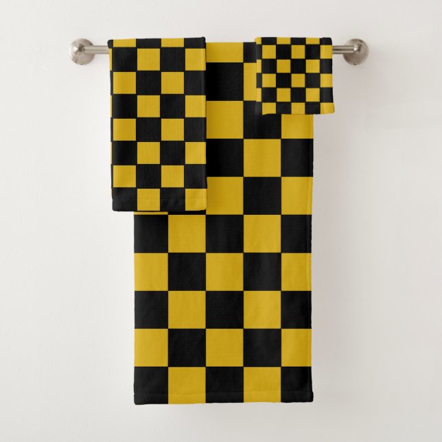 Simple Abstract Black & Golden Chequered Bath Towel Set (Insitu)