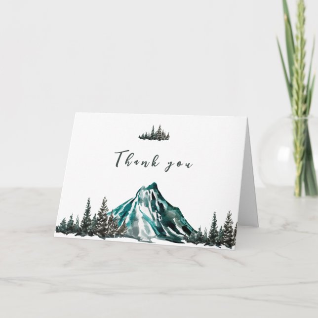 Simple  Adventure Begin Mountain Pine Baby Shower Thank You Card (Front)