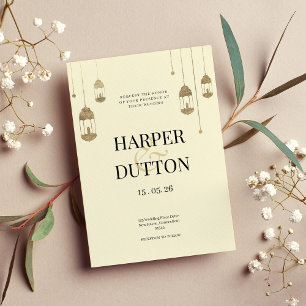 Simple ampersand ivory gold lantern lights wedding invitation