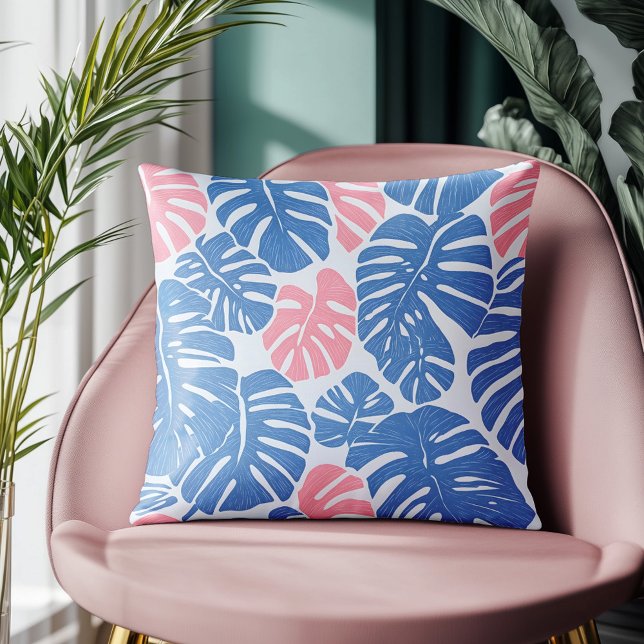 Simple and Abstract Mostera Pink and Blue Pattern Throw Pillow (Creator Uploaded)