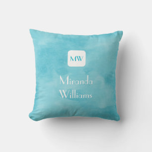 Simple and Chic Aqua Turquoise Monogram With Name Throw Pillow