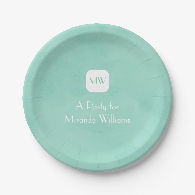 Simple and Chic Mint Green Monogram With Name Paper Plate (Front)