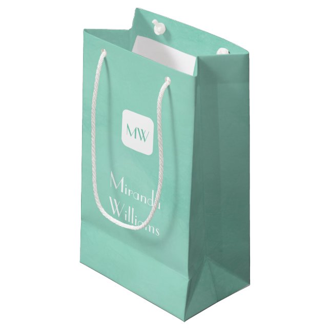 Simple and Chic Mint Green Monogram With Name Small Gift Bag (Front Angled)