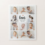 Simple and Chic Photo Collage | Love with Heart Jigsaw Puzzle<br><div class="desc">This chic black and white puzzle features a photo grid with eleven of your personal photos, and trendy modern script typography that says "Love". There is also an elegant little heart with a faux rose gold look. A simple, minimalist yet absolutely stylish gift for your mother, spouse, or any family...</div>