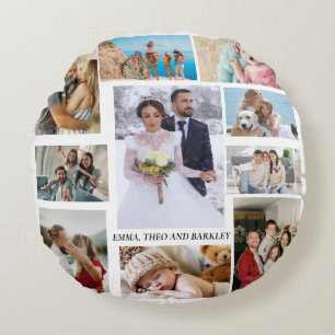 Simple and Chic Photo Collage Wedding and family Round Pillow