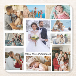 Simple and Chic Photo Collage   Wedding and family Square Paper Coaster