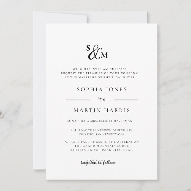 Simple and elegant, Ampersand Monogram Wedding  Invitation (Front)