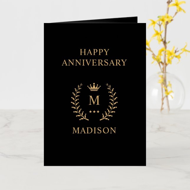 Simple And Elegant Black Gold Monogram Anniversary Foil Greeting Card (Yellow Flower)