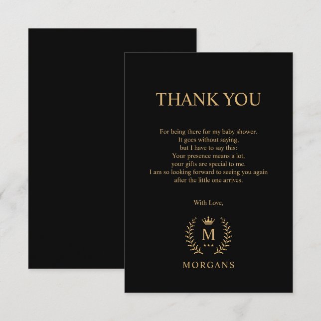 Simple And Elegant Black Gold Monogram Thank You Card (Front/Back)
