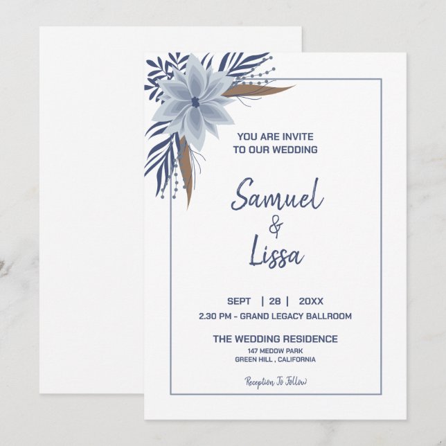 Simple and elegant blue floral wedding invitation (Front/Back)